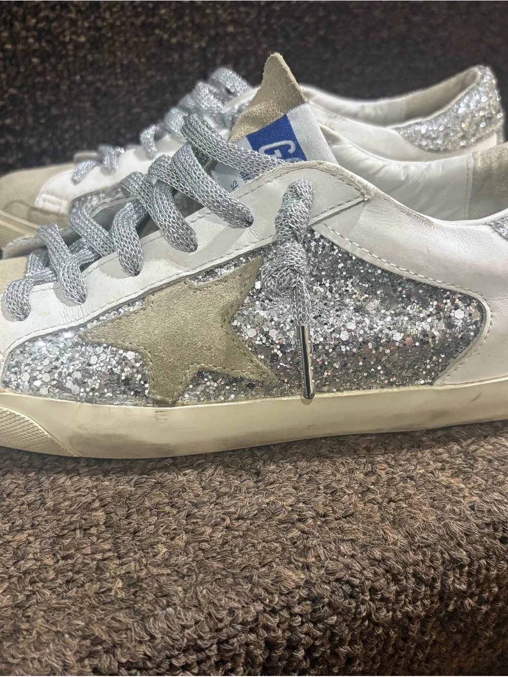 Golden Goose White Sneakers with Silver Glitter and Tan Star